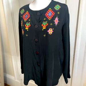 Vintage Ann Taylor silk button down with embroidered Aztec design